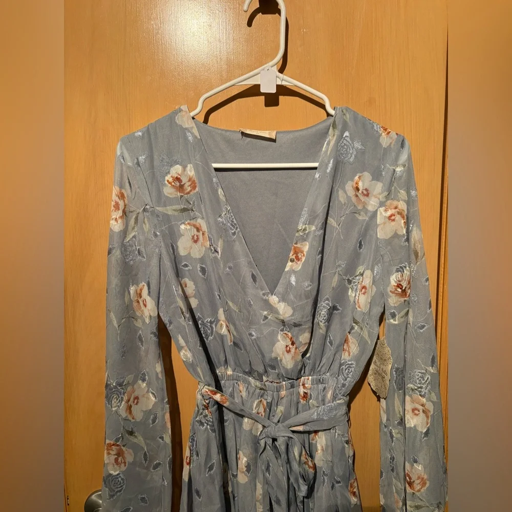 Altar’d State Sheer Blue Floral Romper lined w/ shorts BNWT Size XS long sleeve